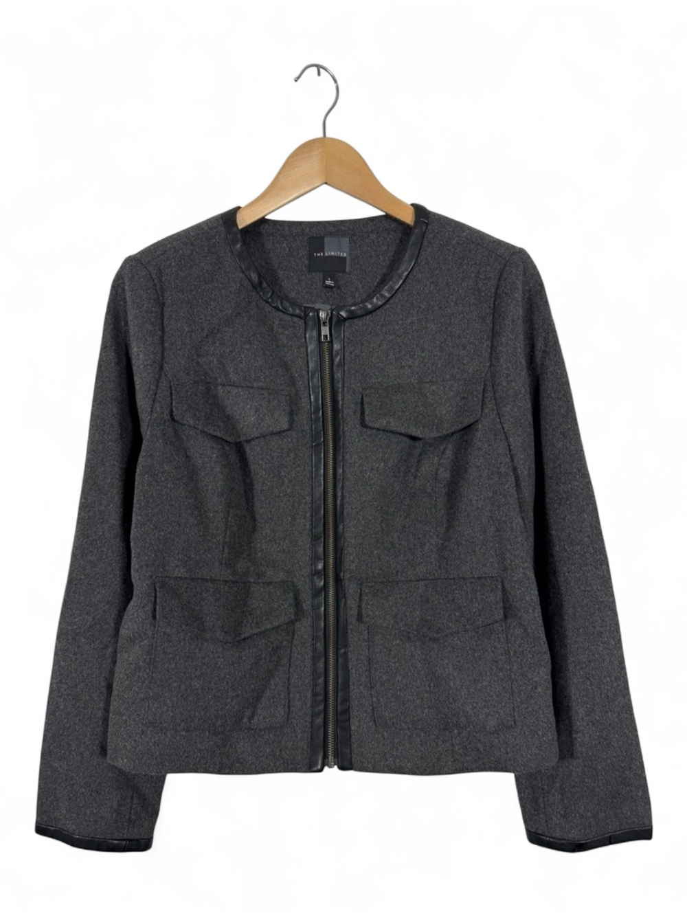 WJT22 {The Limited} Gray Black Faux Leather Trim Wool Blend Blazer Suit Coat